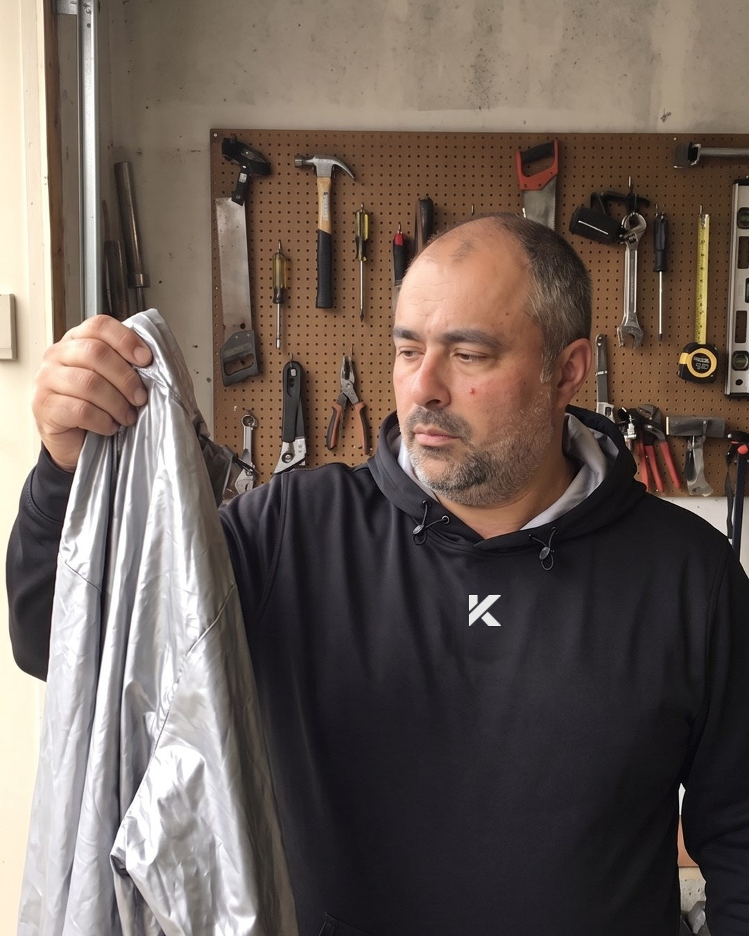 Man in a garage gym wearing the black Kewlioo Pro Sauna Hoodie and holding up a silver plastic sauna suit