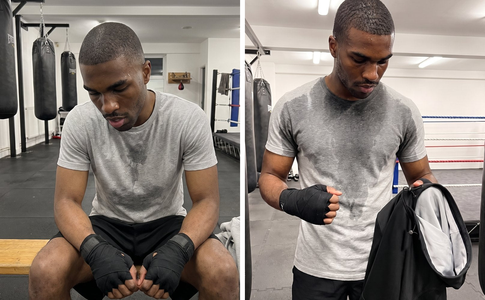One fighter's gray tee after a regular hoodie, left, and after the Pro Sauna Hoodie, right
