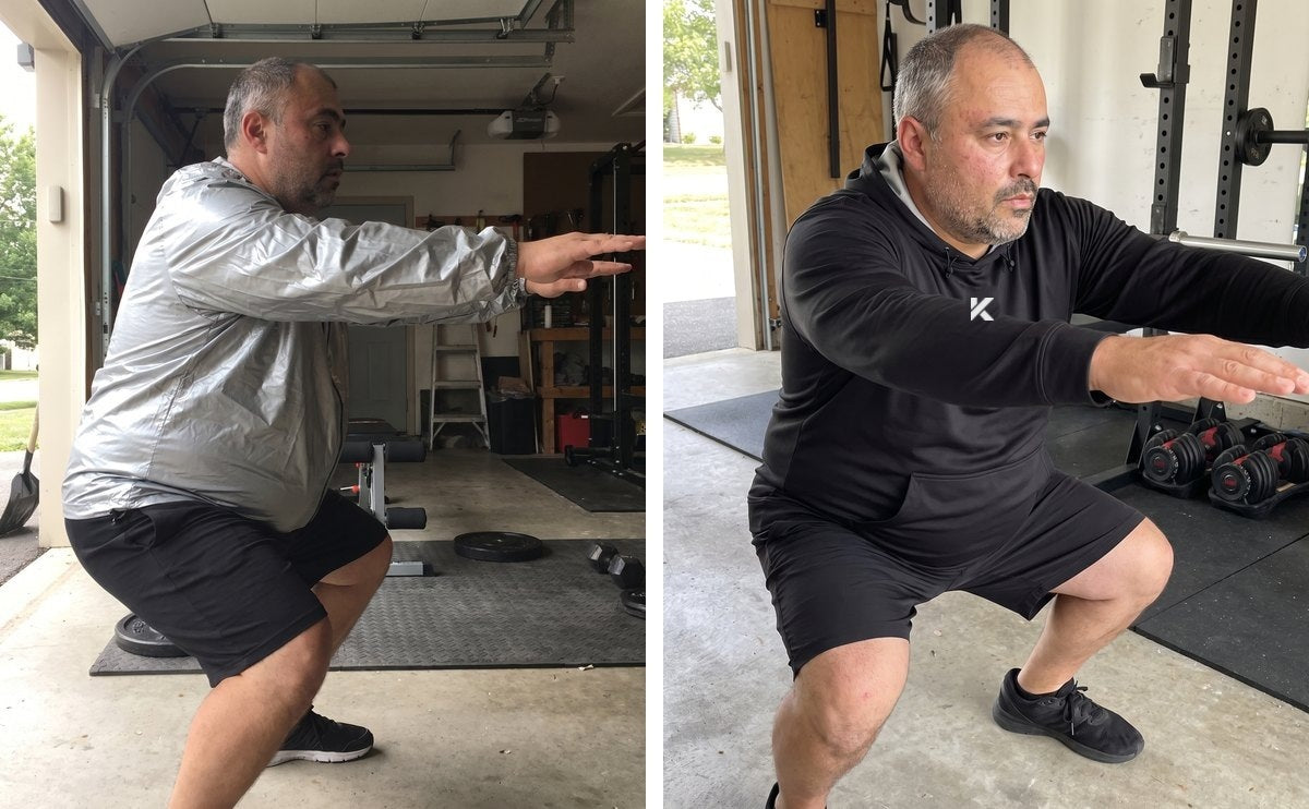 The same man squatting in a garage gym, in a silver PVC sauna suit on the left and the black Pro Sauna Hoodie on the right