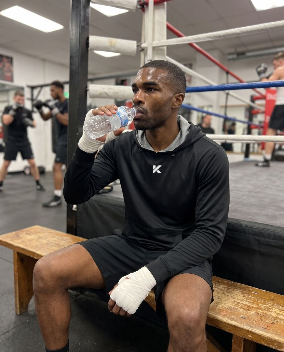 Man in the black Pro Sauna Hoodie with wrapped hands sitting on a bench in a boxing gym, drinking from a water bottle