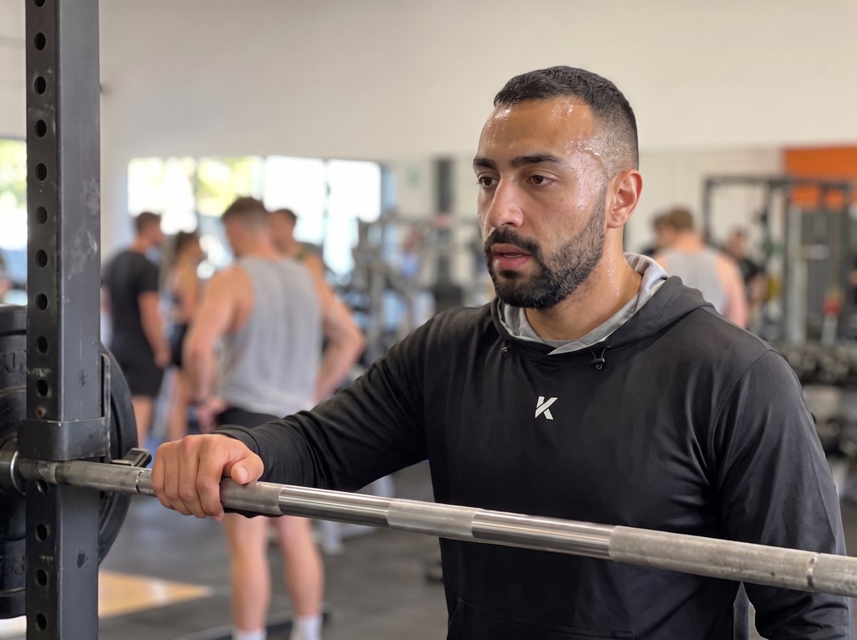 Man in the black Pro Sauna Hoodie, face wet with sweat, one hand on the barbell at a squat rack in a busy gym
