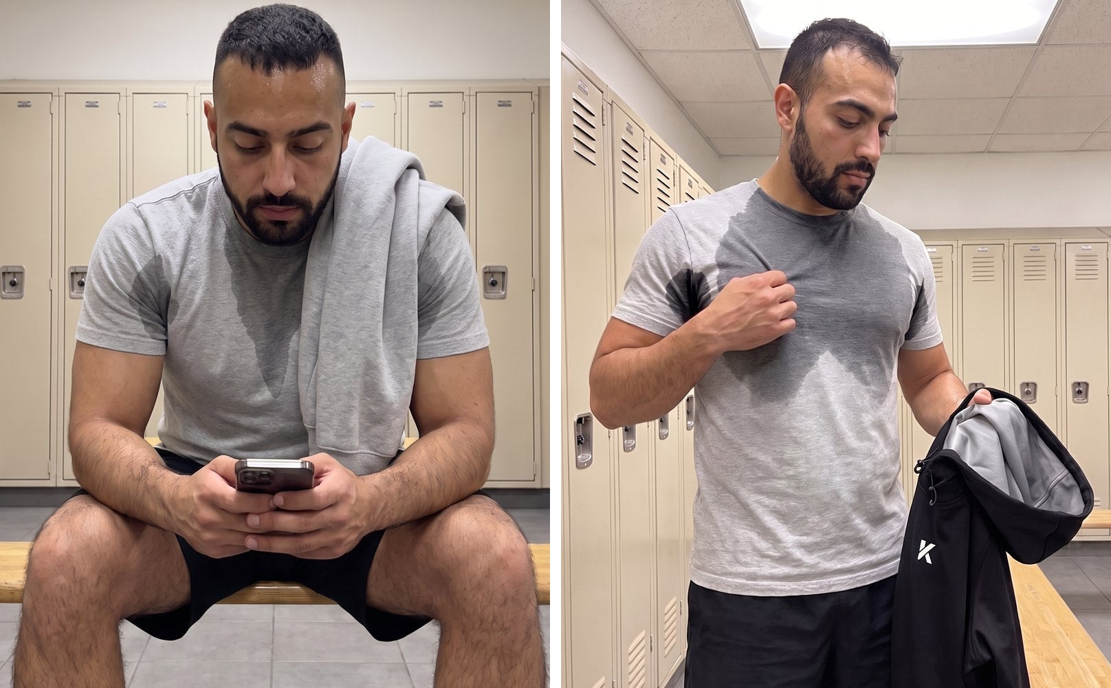 The same man in the same locker room after two sessions: on the left he sits on the bench in a gray tee with a normal sweat mark at the collar, a regular gray hoodie over his shoulder, on the right he stands holding the black Pro Sauna Hoodie, gray lining showing, with a much bigger sweat patch down the chest of his tee